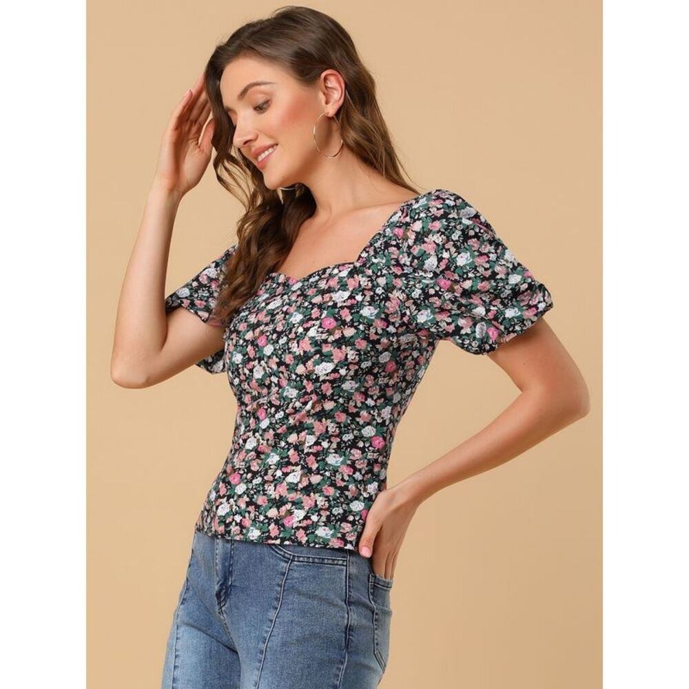 Allegra K Floral Puff Sleeve Top Women Size M Black Pink Cottagecore Romantic